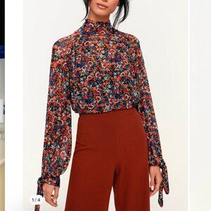 Free People All Dolled Up Black Floral Mesh Long Sleeve Crop Top XS Cottagecore